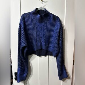 NBD Revolve Metallic Blue black  Cable Knit Turtleneck cropped oversized Sweater